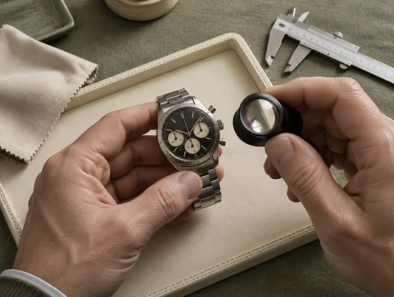 Watch specialist inspecting a vintage steel chronograph with a jeweller's loupe