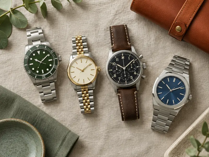 Pre-owned luxury watches including a green-dial diver, cream dress watch, pilot chronograph and blue-dial sports watch on linen