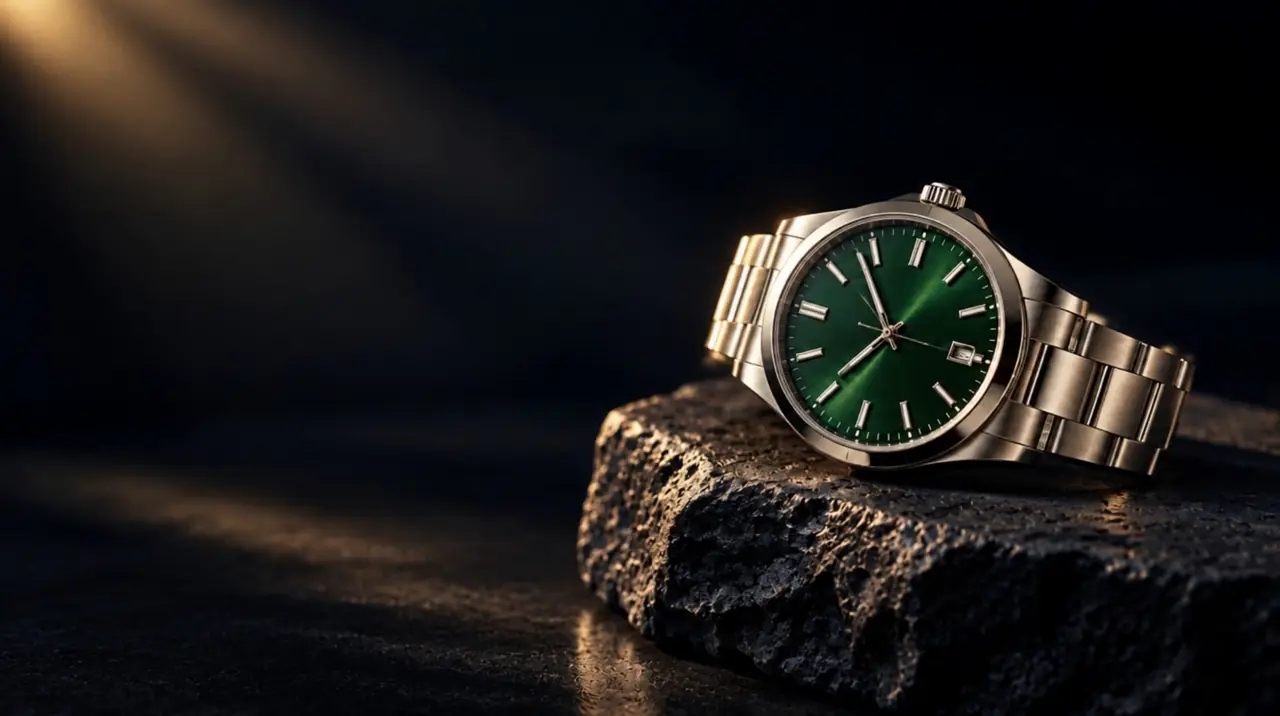 Stainless steel luxury watch with a green sunburst dial on dark stone under a warm spotlight
