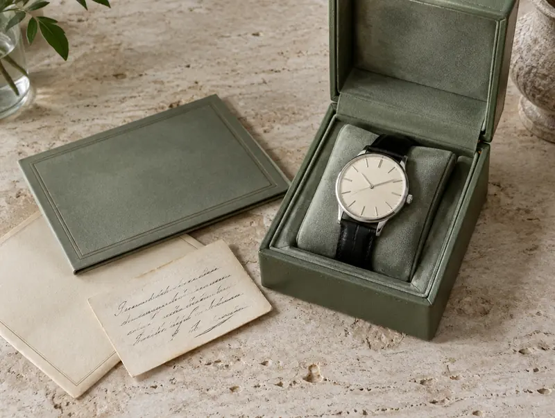 Vintage steel dress watch in an open green leather box with original papers and authenticity card