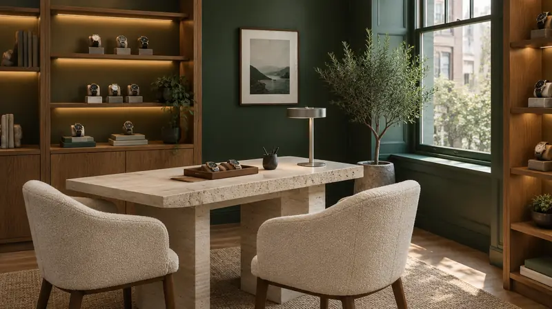 Private watch consultation studio in Vaughan with evergreen walls, oak shelves and a travertine table