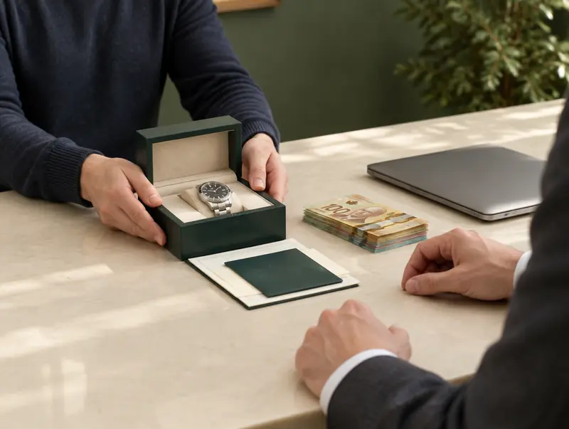 Watch Snob specialist reviewing a luxury watch, box and papers during a private sale in Vaughan