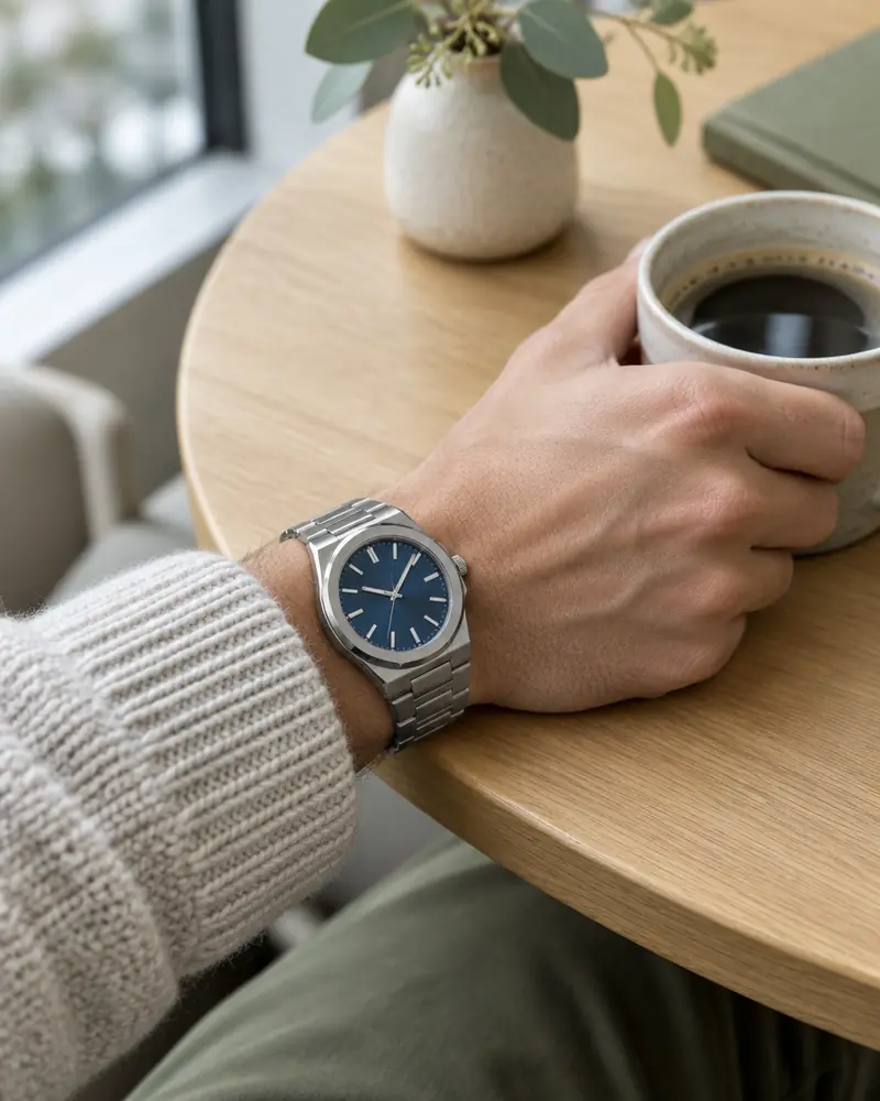 Blue-dial steel sports watch worn on the wrist with an oatmeal knit sweater and coffee cup